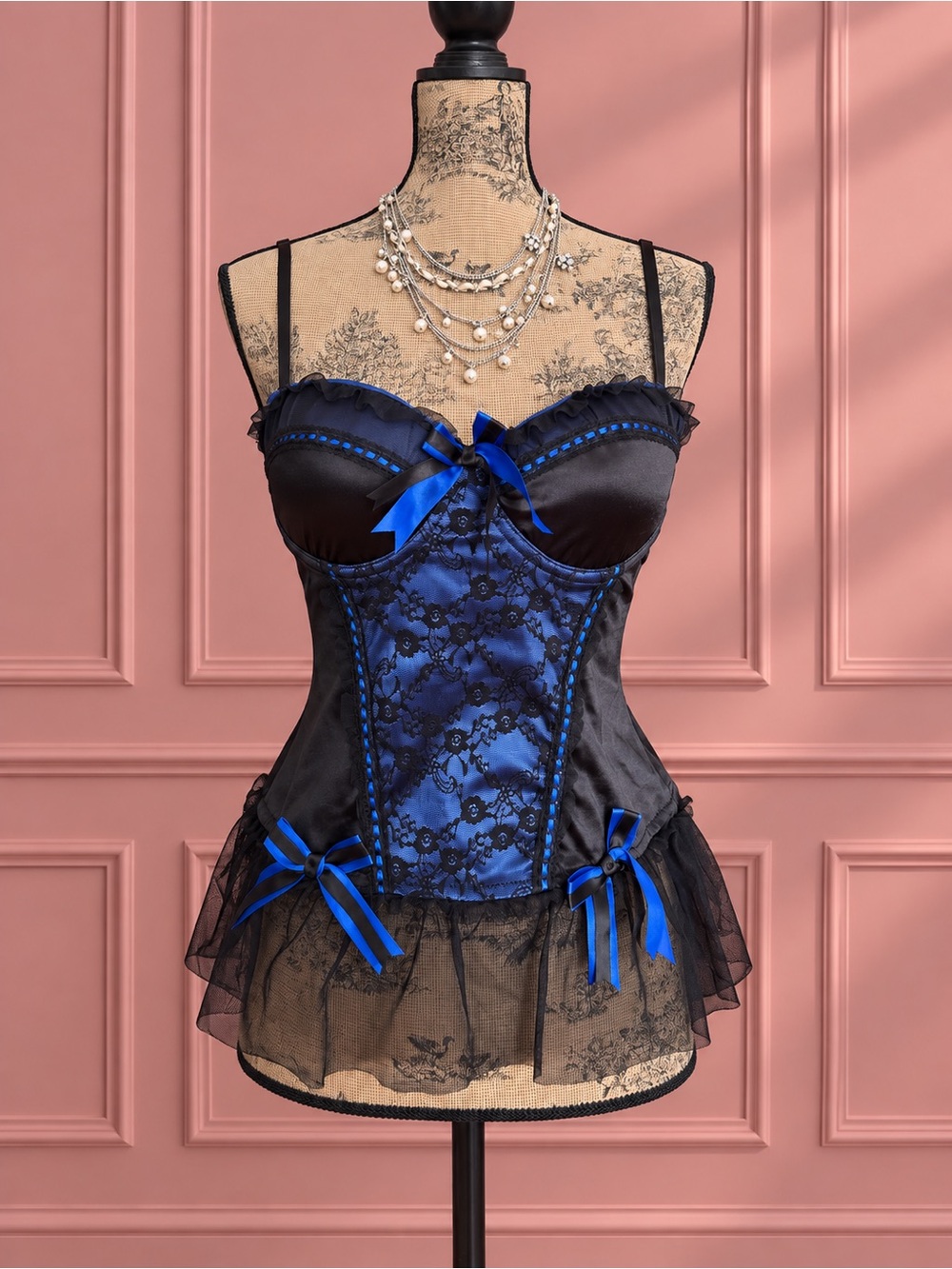 Native Intimates Black & Royal Blue Lace Bustier Corset Top with Ribbons